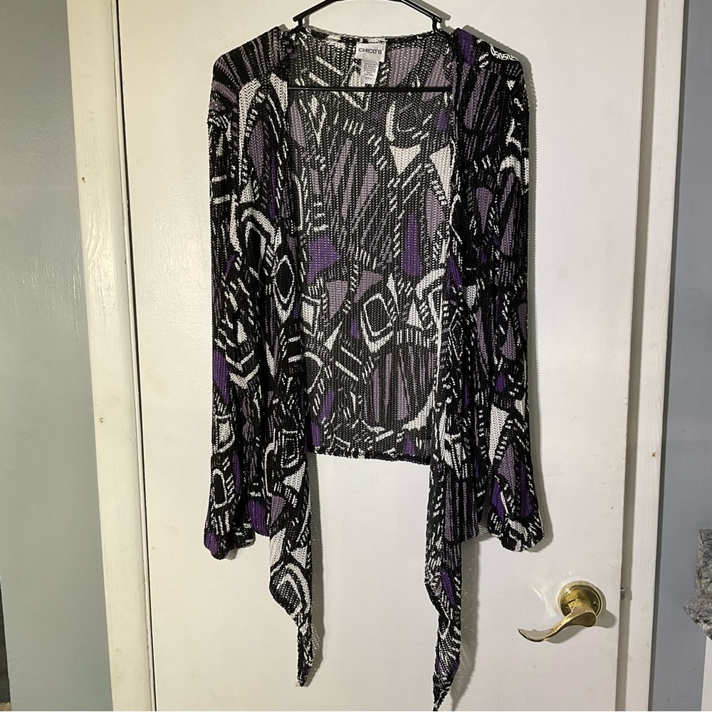 Chico's Black and Purple Knit Cardigan Tied in Front Sz M